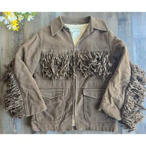 Vintage Debutogs New York Fringed‎ Western Jacket Suede Sherpa Lined RARE 70s Sm